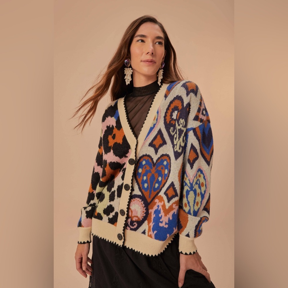 FARM Rio Mixed Hearts Knit Cardigan, MED NWT